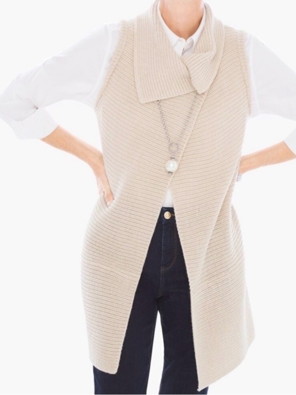 Chico's Cream Ribbed Sleeveless Open-Front Cardigan Vest
